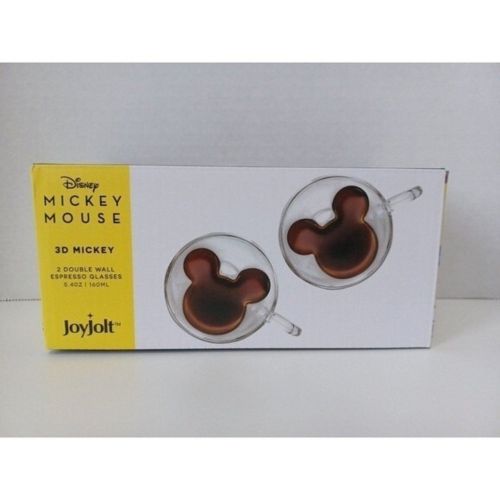 JoyJolt Disney Mickey Mouse 3D Double Wall Glass Espresso Cups 5.4 Oz Set‎ Of 2.